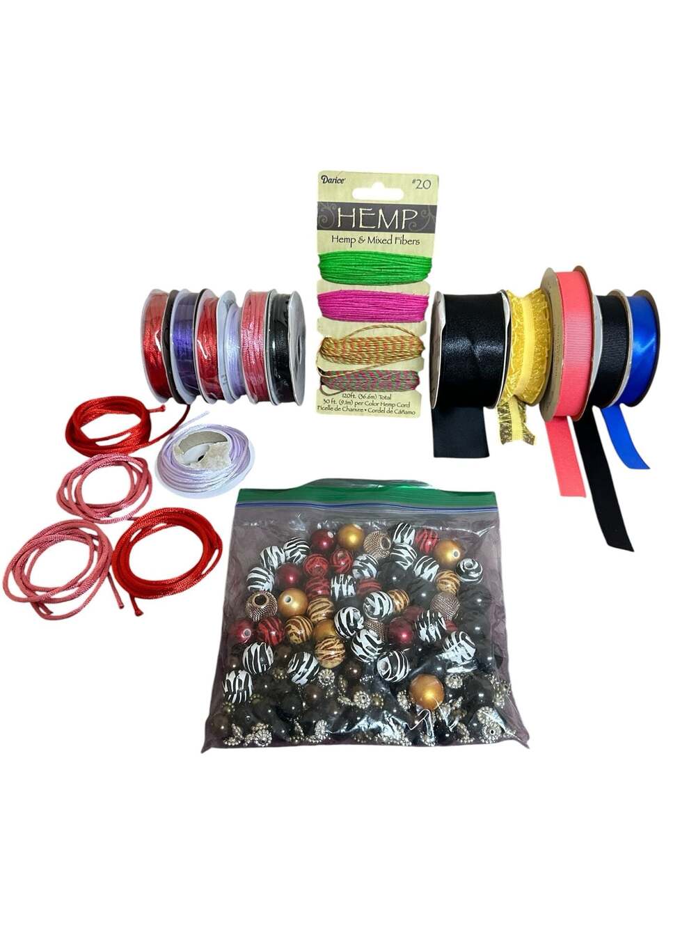 Craft Supply Lot w/ Hemp Cord, Ribbons, & Mixed Animal Print Beads